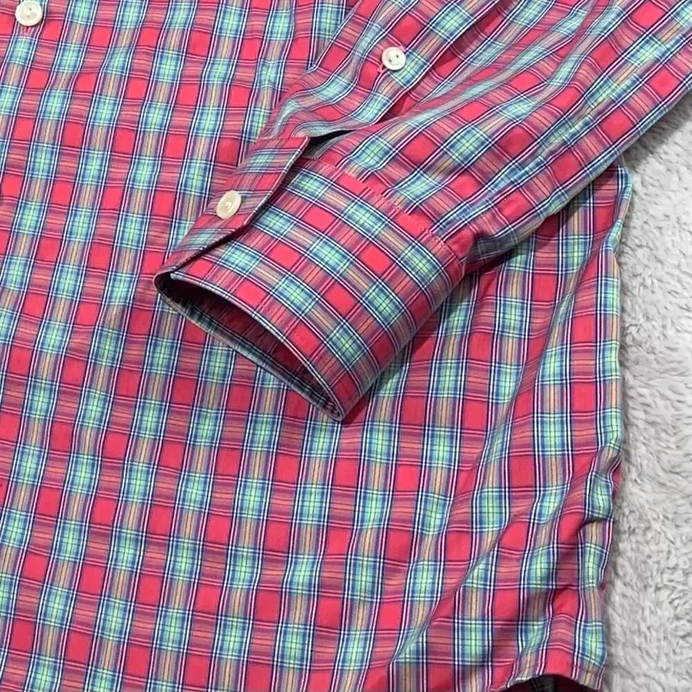 ETON Button Down Dress Shirt 15.5 / 39 Men Slim Salmon Coral Plaid Easter Spring
